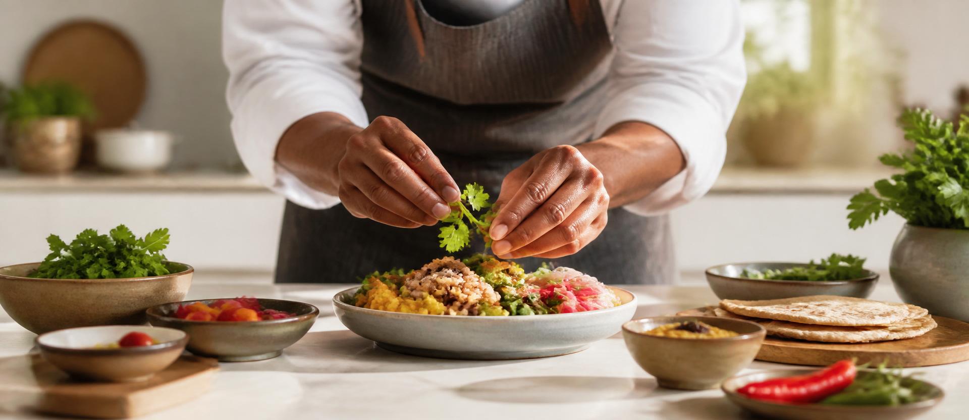 Chef carefully plating a healthy Indian meal in a bright modern kitchen.